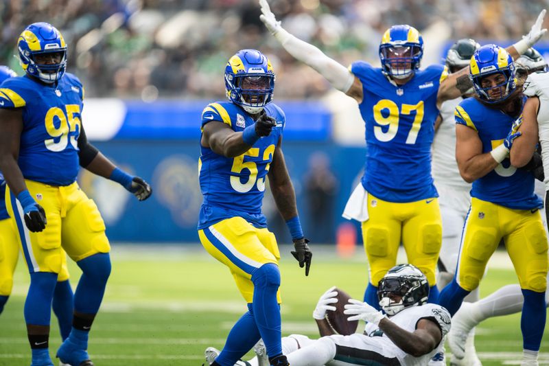 Los Angeles Rams linebacker Ernest Jones (53) reacts during an NFL football game against the Philadelphia Eagles, Sunday, Oct. 8, 2023, in Inglewood, Calif. (AP Photo/Kyusung Gong)