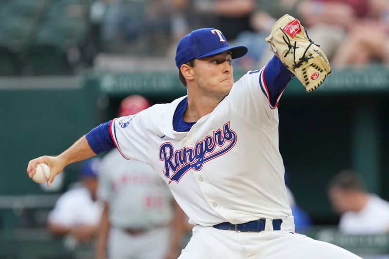 Sep 7, 2024; Arlington, Texas, USA; Texas Rangers starting pitcher Jack Leiter (35) pitches to the Los Angeles Angels during the first inning at Globe Life Field. Mandatory Credit: Jim Cowsert-Imagn Images