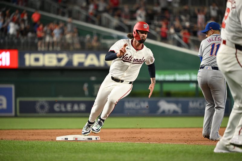Jul 1, 2024; Washington, District of Columbia, USA; Washington Nationals left fielder Jesse Winker (6) rounds third base against the New York Mets during the eighth inning at Nationals Park. Mandatory Credit: Rafael Suanes-USA TODAY Sports