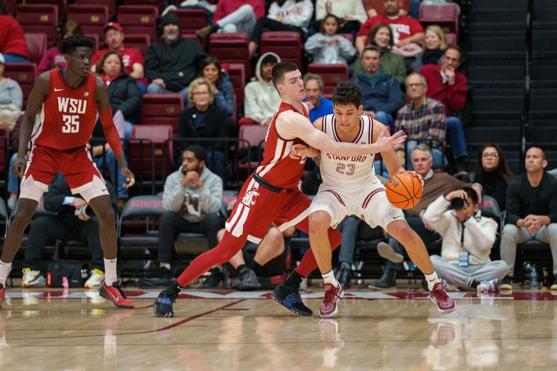 Feb 23, 2023; Stanford, California, USA;  Stanford Cardinal forward Brandon Angel (23) dribbles the ball against Washington State Cougars forward Andrej Jakimovski (23) during the second half at Maples Pavilion. Mandatory Credit: Neville E. Guard-USA TODAY Sports