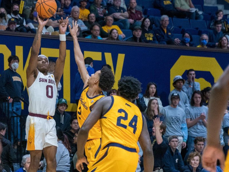 Feb 11, 2023; Berkeley, California, USA; Arizona State Sun Devils guard DJ Horne (0) shoots a three point basket against California Golden Bears forward Monty Bowser (2) during the first half at Haas Pavilion. Mandatory Credit: Neville E. Guard-USA TODAY Sports