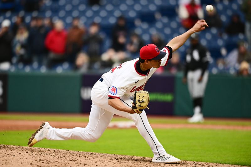 Apr 10, 2025; Cleveland, Ohio, USA; Cleveland Guardians relief pitcher Joey Cantillo (54) throws a pitch during the ninth inning against the Chicago White Sox at Progressive Field. Mandatory Credit: Ken Blaze-Imagn Images