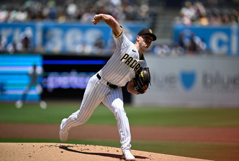 Jun 25, 2025; San Diego, California, USA; San Diego Padres starting pitcher Nick Pivetta (27) delivers during the first inning against the against the Washington Nationals at Petco Park. Mandatory Credit: Denis Poroy-Imagn Images