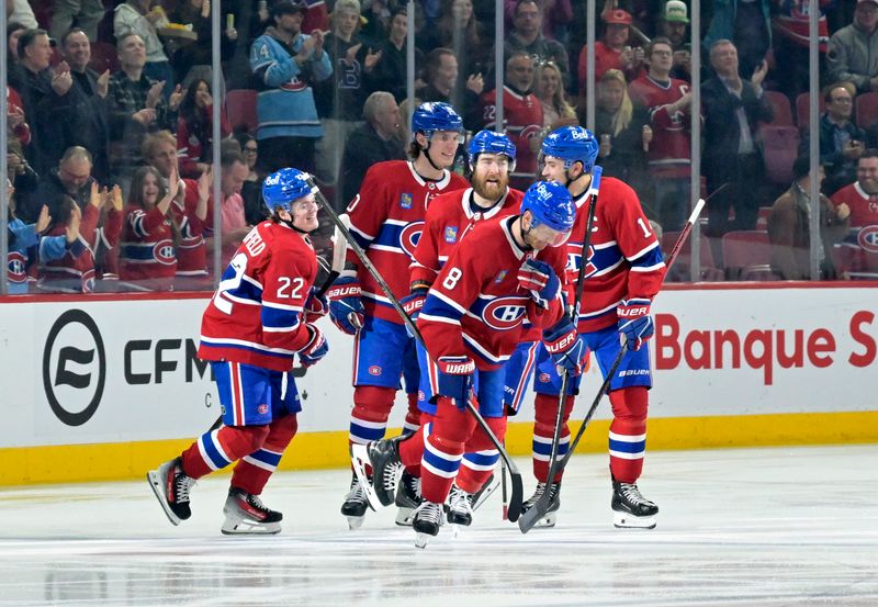 Apr 9, 2024; Montreal, Quebec, CAN; Montreal Canadiens forward Juraj Slafkovsky (20) celebrates with teammates after scoring a goal against the Philadelphia Flyers during the first period at the Bell Centre. Mandatory Credit: Eric Bolte-USA TODAY Sports