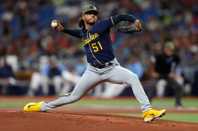 May 21, 2023; St. Petersburg, Florida, USA;  Milwaukee Brewers starting pitcher Freddy Peralta (51) throws a pitch against the Tampa Bay Rays in the first inning at Tropicana Field. Mandatory Credit: Nathan Ray Seebeck-USA TODAY Sports