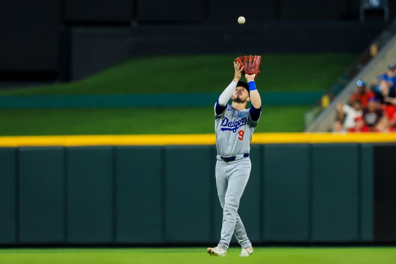 May 24, 2024; Cincinnati, Ohio, USA; Los Angeles Dodgers second baseman Gavin Lux (9) catches a pop up hit by Cincinnati Reds first baseman Jeimer Candelario (not pictured) in the fifth inning at Great American Ball Park. Mandatory Credit: Katie Stratman-USA TODAY Sports
