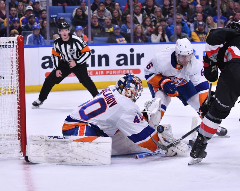 Oct 21, 2023; Buffalo, New York, USA; New York Islanders goaltender Semyon Varlamov (40) makes a stop Buffalo Sabres in the second period at KeyBank Center. Mandatory Credit: Mark Konezny-USA TODAY Sports