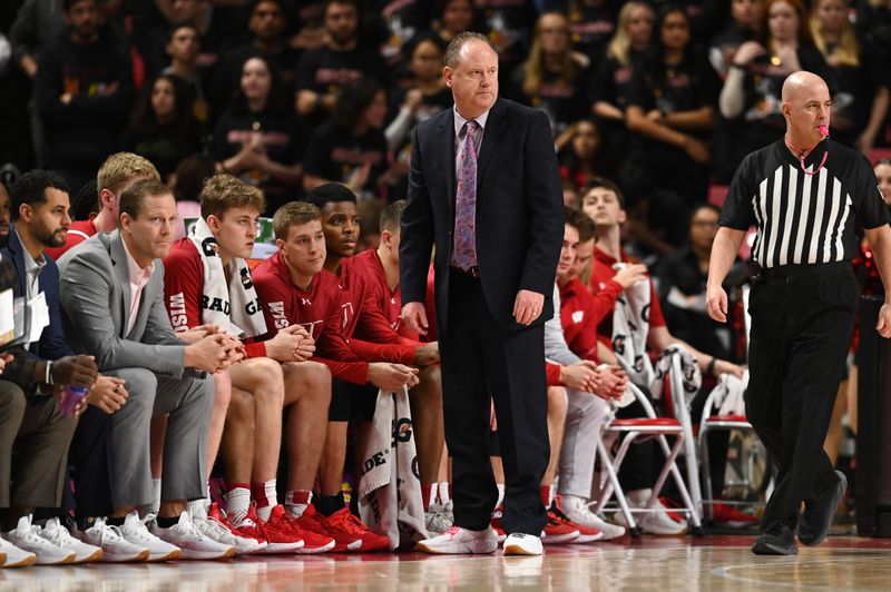 Jan 25, 2023; College Park, Maryland, USA;  Wisconsin Badgers head coach Greg Gard  looks onto the court during the first half against the Maryland Terrapins at Xfinity Center. Mandatory Credit: Tommy Gilligan-USA TODAY Sports