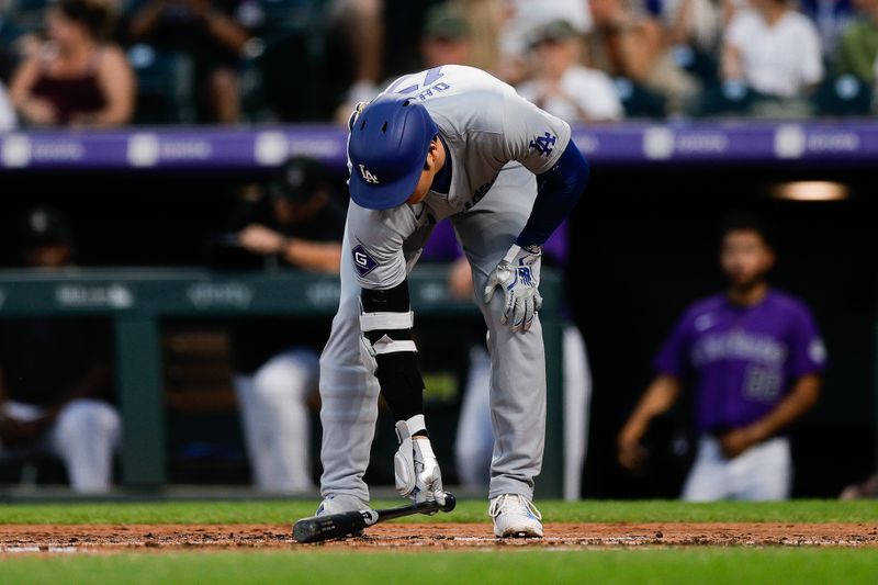 Sep 27, 2024; Denver, Colorado, USA; Los Angeles Dodgers designated hitter Shohei Ohtani (17) in the batters box in the second inning against the Colorado Rockies at Coors Field. Mandatory Credit: Isaiah J. Downing-Imagn Images