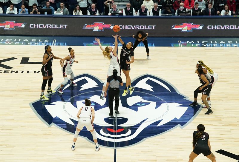 Feb 5, 2023; Hartford, Connecticut, USA; The UConn Huskies and South Carolina Gamecocks tip-off to start the game at XL Center. Mandatory Credit: David Butler II-USA TODAY Sports