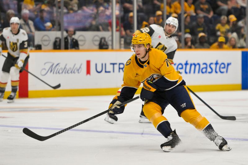 Mar 21, 2026; Nashville, Tennessee, USA;  Nashville Predators right wing Matthew Wood (71) skates with the puck against the Vegas Golden Knights during the first period at Bridgestone Arena. Mandatory Credit: Steve Roberts-Imagn Images