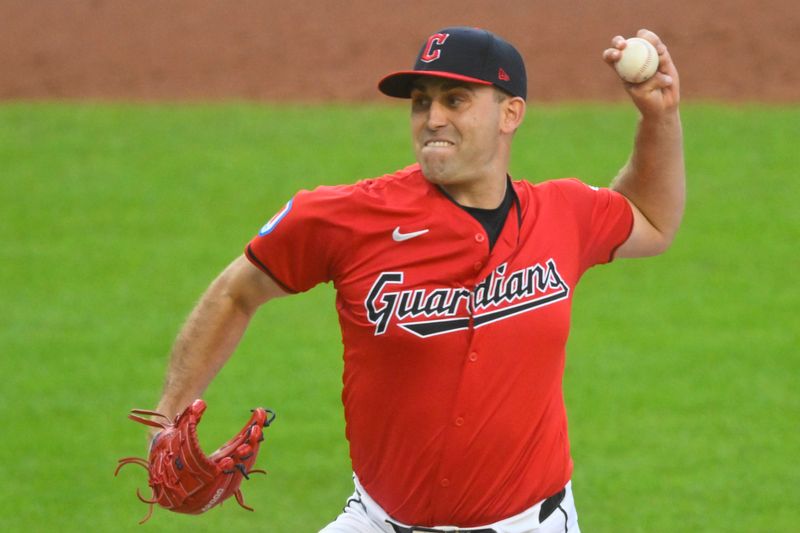 Aug 13, 2024; Cleveland, Ohio, USA; Cleveland Guardians starting pitcher Matthew Boyd (16) delivers a pitch in the third inning against the Chicago Cubs at Progressive Field. Mandatory Credit: David Richard-USA TODAY Sports