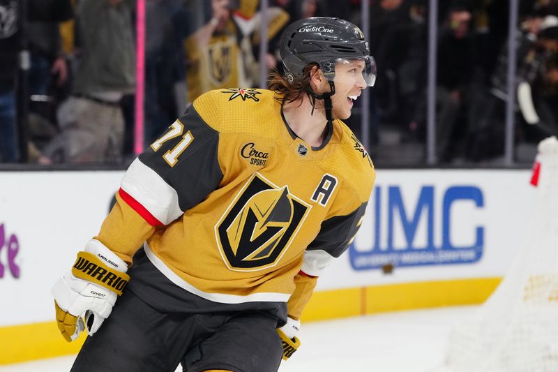 Feb 6, 2024; Las Vegas, Nevada, USA; Vegas Golden Knights center William Karlsson (71) celebrates after scoring an empty net goal against the Edmonton Oilers during the third period at T-Mobile Arena. Mandatory Credit: Stephen R. Sylvanie-USA TODAY Sports