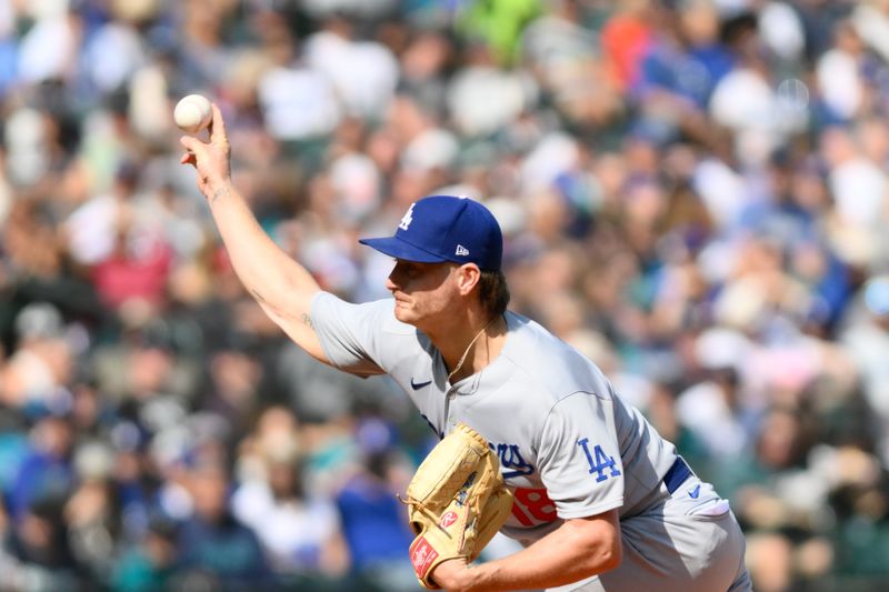 Sep 17, 2023; Seattle, Washington, USA; Los Angeles Dodgers starting pitcher Shelby Miller (18) pitches to the Seattle Mariners during the first inning at T-Mobile Park. Mandatory Credit: Steven Bisig-USA TODAY Sports