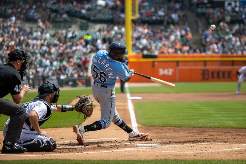 Aug 5, 2023; Detroit, Michigan, USA; Tampa Bay Rays left fielder Randy Arozarena (56) swings and makes contact against the Detroit Tigers in the first inning at Comerica Park. Mandatory Credit: David Reginek-USA TODAY Sports