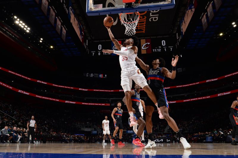 DETROIT, MI - MARCH 1: Isaac Okoro #35 of the Cleveland Cavaliers shoots the ball during the game against the Detroit Pistons on March 1, 2024 at Little Caesars Arena in Detroit, Michigan. NOTE TO USER: User expressly acknowledges and agrees that, by downloading and/or using this photograph, User is consenting to the terms and conditions of the Getty Images License Agreement. Mandatory Copyright Notice: Copyright 2024 NBAE (Photo by Chris Schwegler/NBAE via Getty Images)