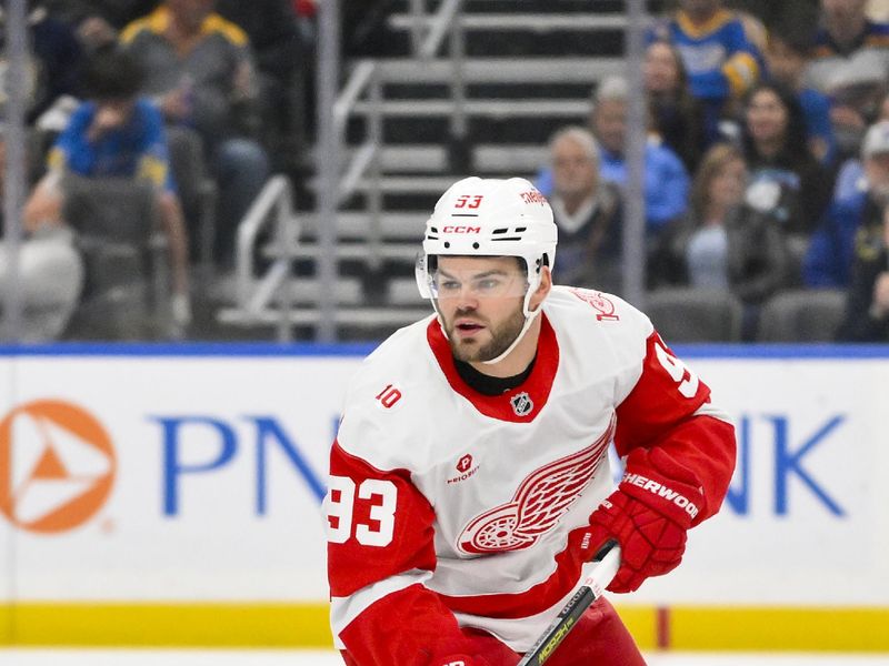 Oct 28, 2025; St. Louis, Missouri, USA; Detroit Red Wings right wing Alex Debrincat (93) controls the puck against the St. Louis Blues during the first period at Enterprise Center. Mandatory Credit: Jeff Curry-Imagn Images
