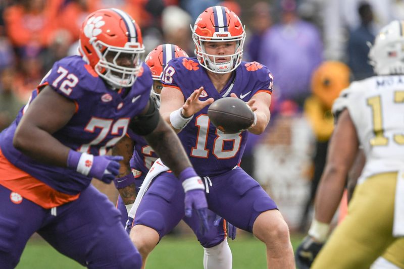 Nov 11, 2023; Clemson, South Carolina, USA; Clemson Tigers quarterback Hunter Helms (18) takes a snap against Georgia Tech Yellow Jackets linebacker Paul Moala (13) during the fourth quarter at Memorial Stadium. Mandatory Credit: Ken Ruinard-USA TODAY Sports