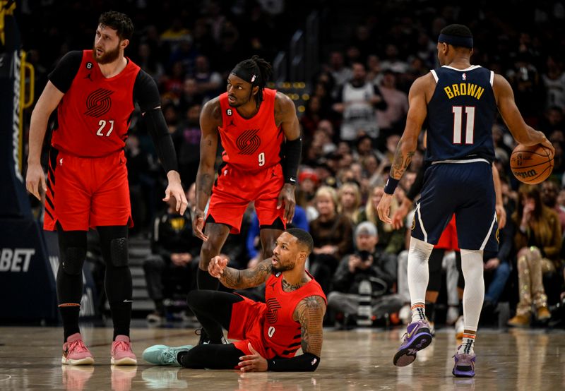 DENVER, CO - JANUARY 17: Damian Lillard (0) of the Portland Trail Blazers reacts to being called for a foul against the Denver Nuggets during the fourth quarter of Denvers 122-113 win at Ball Arena in Denver on Tuesday, January 17, 2023. (Photo by AAron Ontiveroz/MediaNews Group/The Denver Post via Getty Images)