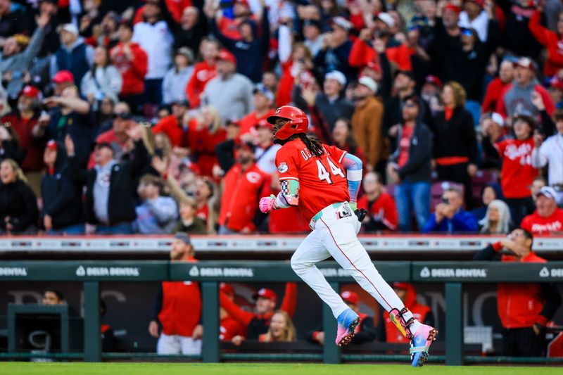 Apr 12, 2025; Cincinnati, Ohio, USA; Cincinnati Reds shortstop Elly De La Cruz (44) runs the bases after hitting a grand slam in the third inning against the Pittsburgh Pirates at Great American Ball Park. Mandatory Credit: Katie Stratman-Imagn Images