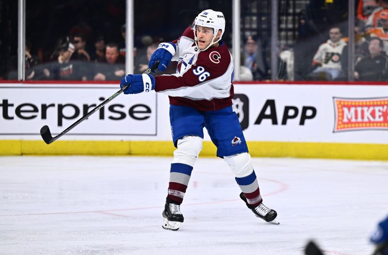 Jan 20, 2024; Philadelphia, Pennsylvania, USA; Colorado Avalanche right wing Mikko Rantanen (96) passes the puck against the Philadelphia Flyers in the second period at Wells Fargo Center. Mandatory Credit: Kyle Ross-USA TODAY Sports