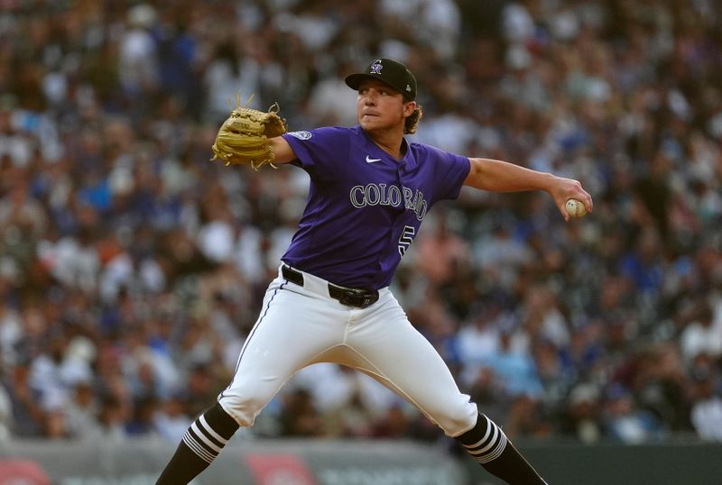 Jun 24, 2025; Denver, Colorado, USA; Colorado Rockies relief pitcher Ryan Rolison (50) delivers a pitch in the fifth inning against the Los Angeles Dodgers at Coors Field. Mandatory Credit: Ron Chenoy-Imagn Images