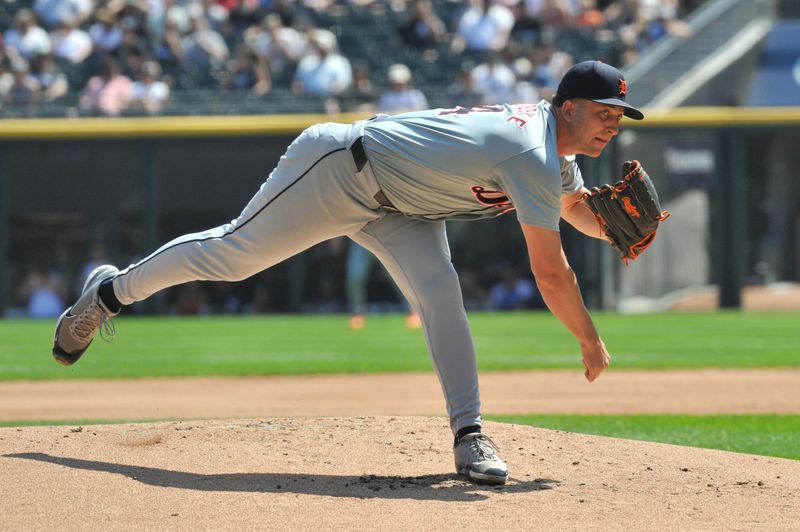 Aug 25, 2024; Chicago, Illinois, USA; Detroit Tigers starting pitcher Beau Brieske (4) pitches during the first inning against the Chicago White Sox at Guaranteed Rate Field. Mandatory Credit: Patrick Gorski-USA TODAY Sports