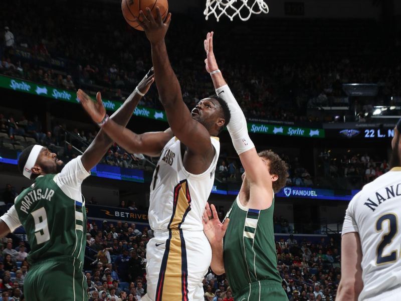 NEW ORLEANS, LA - MARCH 28: Zion Williamson #1 of the New Orleans Pelicans goes to the basket during the game on March 28, 2024 at the Smoothie King Center in New Orleans, Louisiana. NOTE TO USER: User expressly acknowledges and agrees that, by downloading and or using this Photograph, user is consenting to the terms and conditions of the Getty Images License Agreement. Mandatory Copyright Notice: Copyright 2024 NBAE (Photo by Layne Murdoch Jr./NBAE via Getty Images)