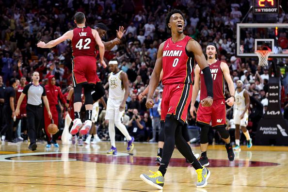 MIAMI, FLORIDA - NOVEMBER 30: Josh Richardson #0 of the Miami Heat reacts during the fourth quarter of the game against the Indiana Pacers at Kaseya Center on November 30, 2023 in Miami, Florida. NOTE TO USER: User expressly acknowledges and agrees that, by downloading and or using this photograph, User is consenting to the terms and conditions of the Getty Images License Agreement. (Photo by Megan Briggs/Getty Images)