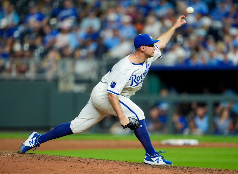 Sep 17, 2024; Kansas City, Missouri, USA; Kansas City Royals relief pitcher Kris Bubic (50) pitches during the eighth inning against the Detroit Tigers at Kauffman Stadium. Mandatory Credit: Jay Biggerstaff-Imagn Images