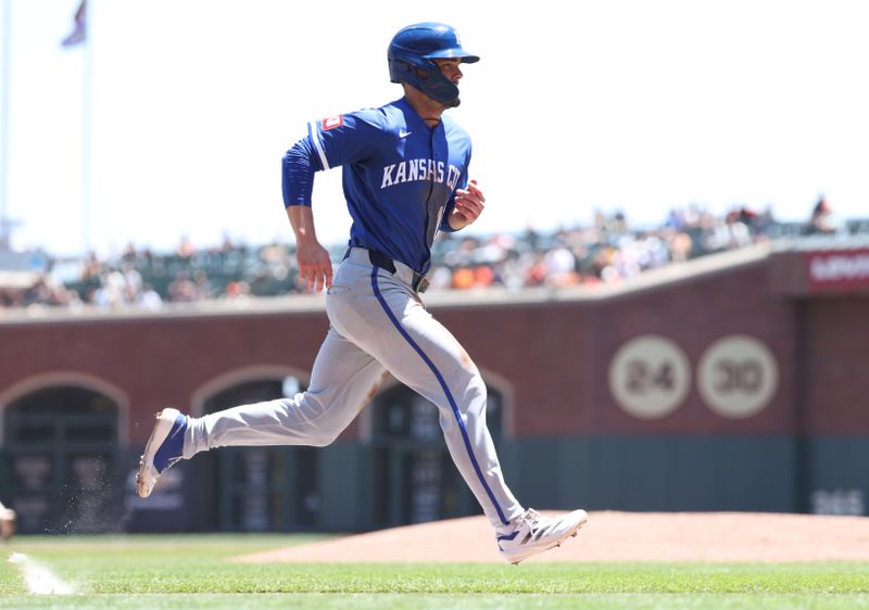 May 21, 2025; San Francisco, California, USA; Kansas City Royals second baseman Michael Massey (19) scores a run against the San Francisco Giants during the second inning at Oracle Park. Mandatory Credit: Kelley L Cox-Imagn Images