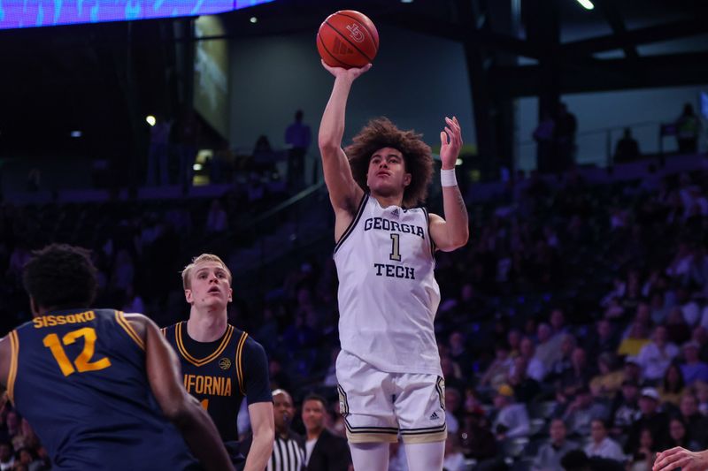 Feb 15, 2025; Atlanta, Georgia, USA; Georgia Tech Yellow Jackets guard Naithan George (1) shoots against the California Golden Bears in overtime at McCamish Pavilion. Mandatory Credit: Brett Davis-Imagn Images
