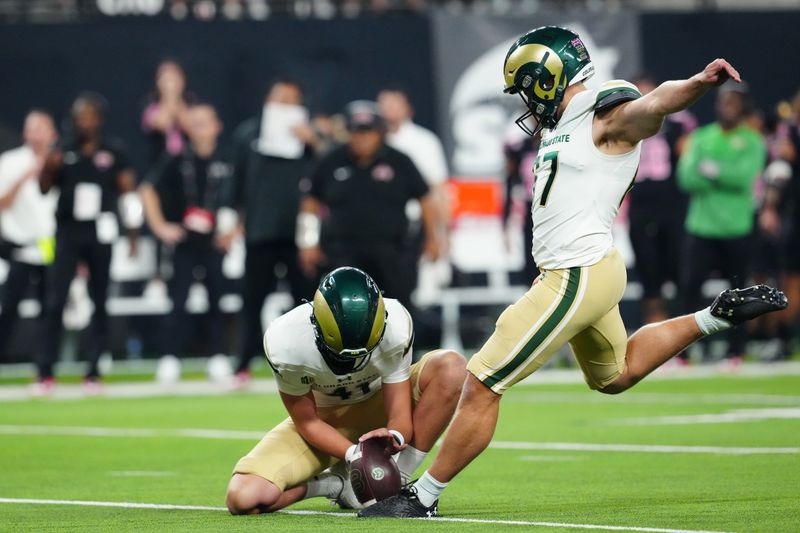 Oct 21, 2023; Paradise, Nevada, USA; Colorado State Rams place kicker Jordan Noyes (67) kicks a field goal against the UNLV Rebels during the fourth quarter at Allegiant Stadium. Mandatory Credit: Stephen R. Sylvanie-USA TODAY Sports