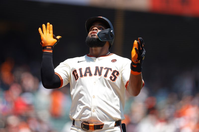Jul 11, 2024; San Francisco, California, USA; San Francisco Giants outfielder Heliot Ramos (17) celebrates after hitting a two run home run during the first inning against the Toronto Blue Jays at Oracle Park. Mandatory Credit: Sergio Estrada-USA TODAY Sports