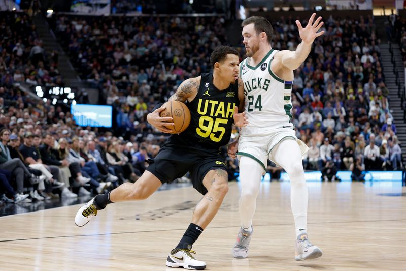 SALT LAKE CITY, UT - MARCH 24: Juan Toscano-Anderson #95 of the Utah Jazz drives to the basket against the Milwaukee Bucks on March 24, 2023 at vivint.SmartHome Arena in Salt Lake City, Utah. NOTE TO USER: User expressly acknowledges and agrees that, by downloading and or using this Photograph, User is consenting to the terms and conditions of the Getty Images License Agreement. Mandatory Copyright Notice: Copyright 2023 NBAE (Photo by Jeff Swinger/NBAE via Getty Images)