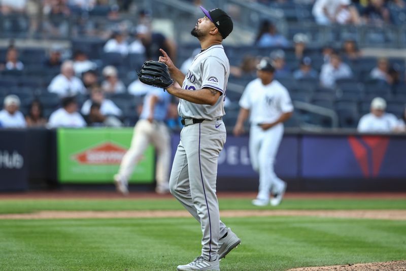 Aug 24, 2024; Bronx, New York, USA;  Colorado Rockies pitcher Anthony Molina (43) gestures after defeating the New York Yankees 9-2 at Yankee Stadium. Mandatory Credit: Wendell Cruz-USA TODAY Sports