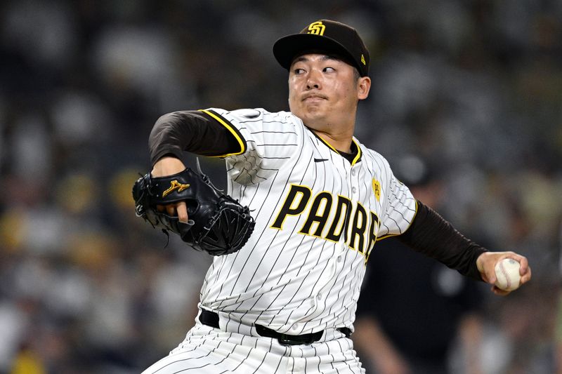 Jun 20, 2024; San Diego, California, USA; San Diego Padres relief pitcher Yuki Matsui (1) pitches against the Milwaukee Brewers during the seventh inning at Petco Park. Mandatory Credit: Orlando Ramirez-USA TODAY Sports