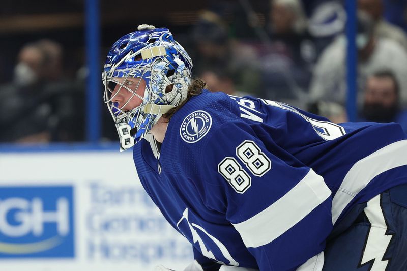 Feb 29, 2024; Tampa, Florida, USA;  Tampa Bay Lightning goaltender Andrei Vasilevskiy (88) looks on during a game against the Buffalo Sabres in the second period at Amalie Arena. Mandatory Credit: Nathan Ray Seebeck-USA TODAY Sports