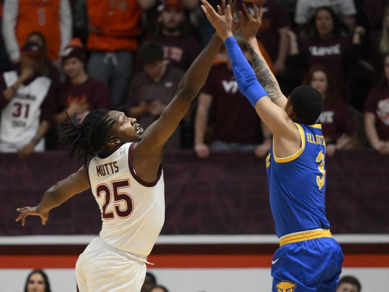 Feb 18, 2023; Blacksburg, Virginia, USA;  Pittsburgh Panthers guard Greg Elliott (3) shoots the ball over Virginia Tech Hokies forward Justyn Mutts (25) in the second half at Cassell Coliseum. Mandatory Credit: Lee Luther Jr.-USA TODAY Sports