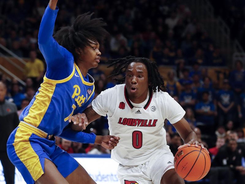 Feb 17, 2024; Pittsburgh, Pennsylvania, USA;  Louisville Cardinals guard Mike James (0) dribbles the ball as Pittsburgh Panthers guard Carlton Carrington (7) defends during the first half at the Petersen Events Center. Mandatory Credit: Charles LeClaire-USA TODAY Sports