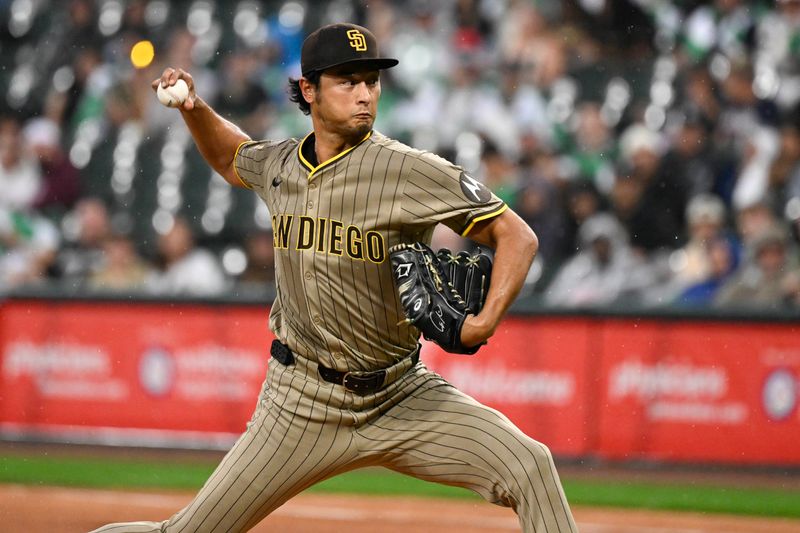 Sep 20, 2025; Chicago, Illinois, USA;  San Diego Padres pitcher Yu Darvish (11) delivers during the first inning against the Chicago White Sox at Rate Field. Mandatory Credit: Matt Marton-Imagn Images