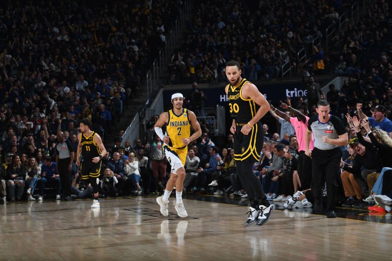 SAN FRANCISCO, CA - MARCH 22: Stephen Curry #30 of the Golden State Warriors celebrates during the game against the Indiana Pacers on March 22, 2024 at Chase Center in San Francisco, California. NOTE TO USER: User expressly acknowledges and agrees that, by downloading and or using this photograph, user is consenting to the terms and conditions of Getty Images License Agreement. Mandatory Copyright Notice: Copyright 2024 NBAE (Photo by Noah Graham/NBAE via Getty Images)