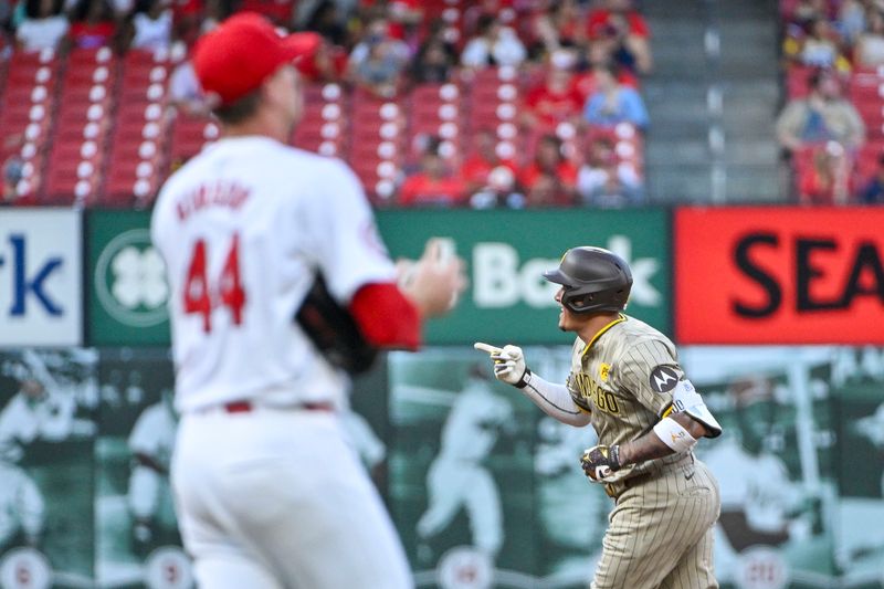 Aug 26, 2024; St. Louis, Missouri, USA;  San Diego Padres third baseman Manny Machado (13) reacts as he runs the bases after hitting a two run home run off of St. Louis Cardinals starting pitcher Kyle Gibson (44) during the first inning at Busch Stadium. Mandatory Credit: Jeff Curry-USA TODAY Sports