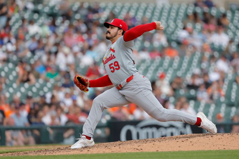 May 1, 2024; Detroit, Michigan, USA; St. Louis Cardinals relief pitcher JoJo Romero (59) pitches in the eighth inning against the Detroit Tigers at Comerica Park. Mandatory Credit: Rick Osentoski-USA TODAY Sports