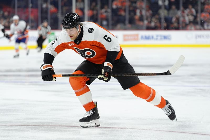 Oct 25, 2025; Philadelphia, Pennsylvania, USA; Philadelphia Flyers defenseman Travis Sanheim (6) in action against the New York Islanders in the first period at Xfinity Mobile Arena. Mandatory Credit: Kyle Ross-Imagn Images