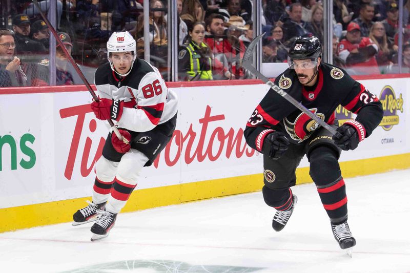 Oct 17, 2024; Ottawa, Ontario, CAN; New Jersey Devils center Jack Hughes (86) and  Ottawa Senators defenseman Travis hamonic (23) chase the puck in the second period at the Canadian Tire Centre. Mandatory Credit: Marc DesRosiers-Imagn Images