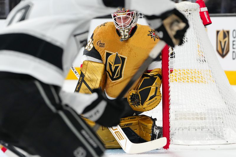 Oct 22, 2024; Las Vegas, Nevada, USA; Vegas Golden Knights goaltender Ilya Samsonov (35) defends his net against the Los Angeles Kings during the first period at T-Mobile Arena. Mandatory Credit: Stephen R. Sylvanie-Imagn Images