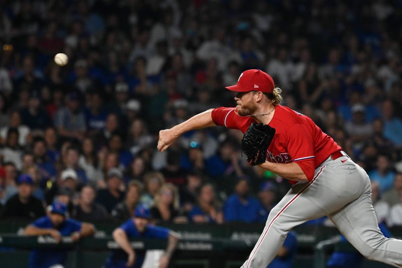 Jun 29, 2023; Chicago, Illinois, USA; Philadelphia Phillies relief pitcher Craig Kimbrel (31) delivers against the Chicago Cubs during the ninth inning at Wrigley Field. Mandatory Credit: Matt Marton-USA TODAY Sports