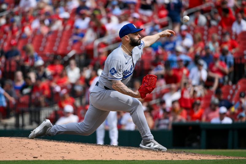 Jun 8, 2025; St. Louis, Missouri, USA;  Los Angeles Dodgers relief pitcher Tanner Scott (66) pitches against the St. Louis Cardinals during the eighth inning at Busch Stadium. Mandatory Credit: Jeff Curry-Imagn Images