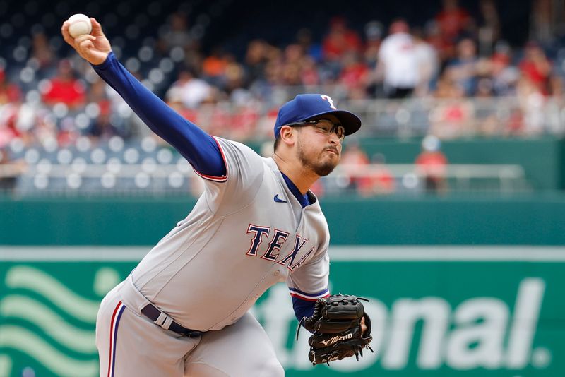 Jul 9, 2023; Washington, District of Columbia, USA; Texas Rangers starting pitcher Dane Dunning (33) pitches against the Washington Nationals during the first inning at Nationals Park. Mandatory Credit: Geoff Burke-USA TODAY Sports